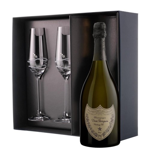 Dom Perignon Cuvee Prestige Brut 2013 And Flutes In Pine Wooden Gift Box